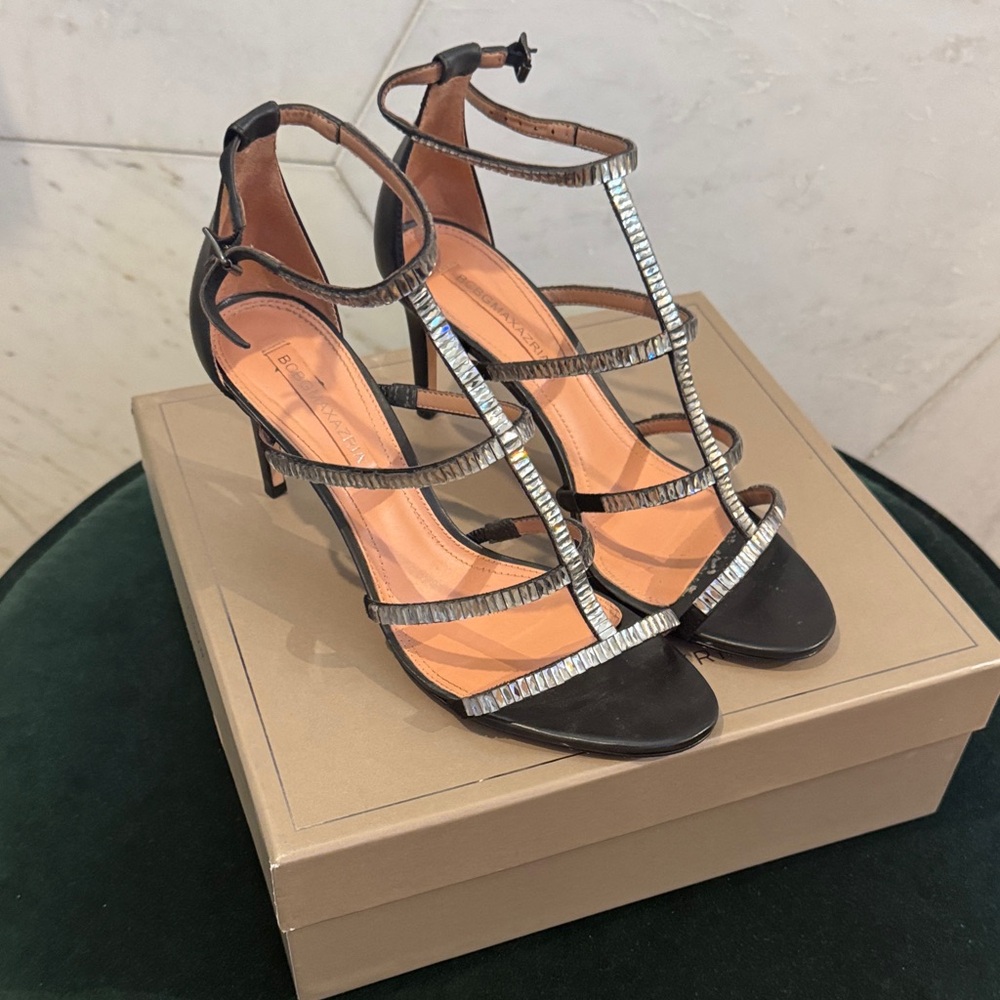 BCBGMaxAzria Black Strappy Heels with Silver Accents